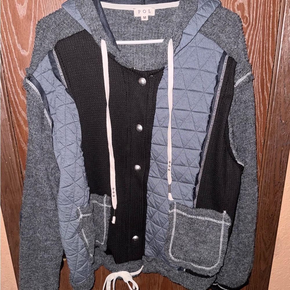 POL Women's Quilted Raw Edge Waffle Hoodie Jacket - Picture 2 of 4